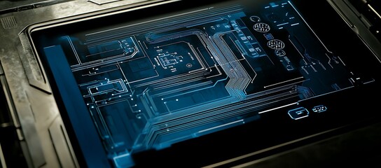 Poster - Futuristic Technology Display: Illuminated Circuitry on a Dark Panel