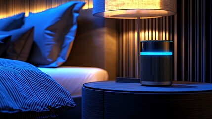 Poster - Smart speaker on nightstand in bedroom, lamp lit, blue light ambiance, home automation
