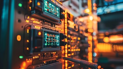Poster - Close-up of Retrofuturistic Tech Rack with Illuminated Displays
