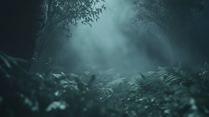 Poster - Misty forest floor covered with ferns and glowing light