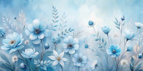 Wall Mural - Serene Blue Floral Meadow A Soft, Artistic Depiction of Blossoms and Foliage in a Dreamy Pastel Palette