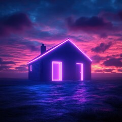 Wall Mural - neon house sunset coastal landscape digital art