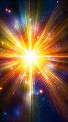 Wall Mural - Bright explosion of light radiates through the cosmic space filled with stars and colorful galaxies