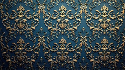 Poster - Ornate Gold Damask Pattern on Dark Blue Background