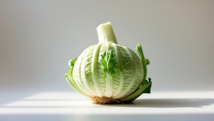 Poster - unusual round vegetable with intricate texture and green leaves displayed on a white surface in soft