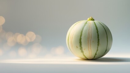 Poster - unique striped melon placed on a bright surface with soft lighting and a bokeh background