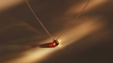 Wall Mural - A delicate gold necklace featuring a small red gemstone pendant, glowing subtly against a smooth background