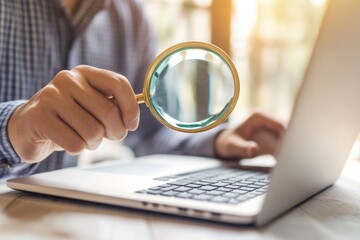 Wall Mural - a person carefully examines a laptop screen using a magnifying glass for detailed inspection