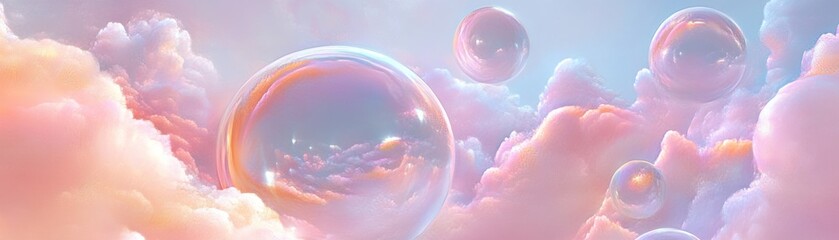 Poster - Ethereal dreamscape featuring floating iridescent bubbles amid fluffy pink clouds