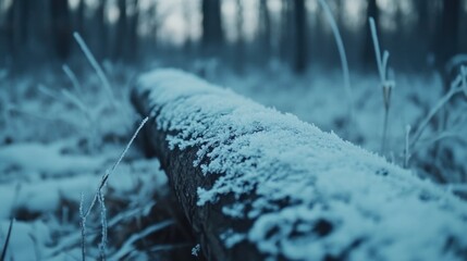 Poster - Frost covers a fallen log in a wintry forest scene
