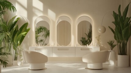 Poster - Elegant salon boasts verdant plants with white and cream accents