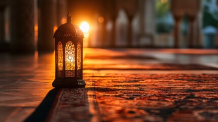 Poster - Illuminated Lantern Rests on Ornate Carpet at Sunset
