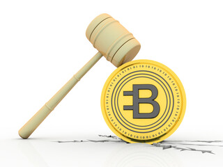Poster - 3d illustration bitcoin sign currency with hammer
