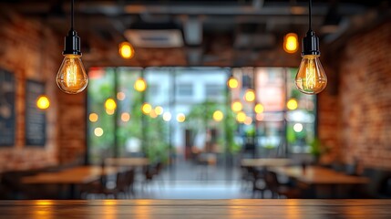 Poster - Stylish cafe interior, warm lighting, empty tables, blurred outdoor scene, for background