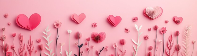 Poster - Pink background with paper flowers and hearts for valentines day