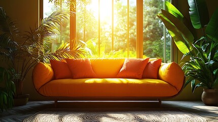 Poster - Sunlight brightens living room with orange couch, view to lush garden, nature and interior