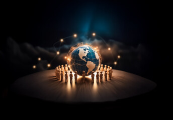 Poster - Shenzhen, China - Unknown Date : Illuminated globe encircled by connected figures in a ring, symbolizing global unity and network.  Dark background enhances the glowing elements.