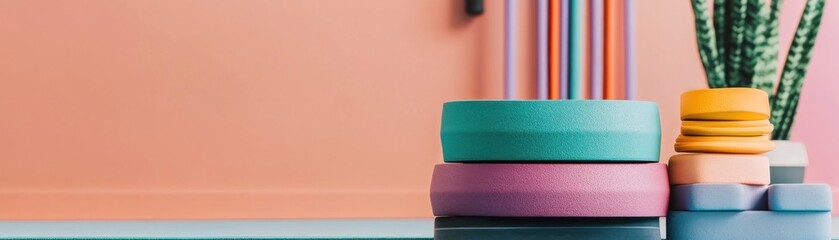 Aufkleber - Pastel Colored Cylinders Stacked Against Pink Background