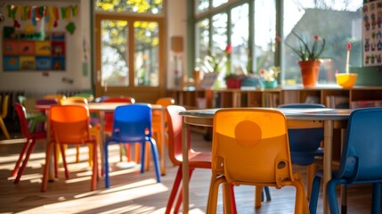 Aufkleber - Brightly colored chairs in various hues surround a central table in a well lit classroom filled with natural light from large windows, creating a cheerful learning environment.