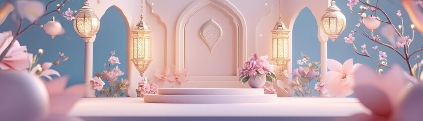 Aufkleber - Elegant product display with arabic architecture and floral decorations