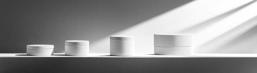 Poster - White cosmetic containers stand in a row on a shelf