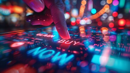 Poster - Digital interaction with cyber marketplace interface illuminated by urban nightlife