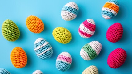 Adorable Crochet easter. Colorful crochet Easter eggs on a bright blue background, perfect for spring decor.