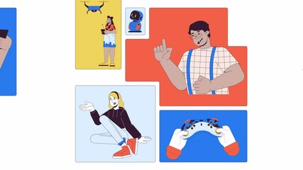 Poster - Technology and innovation in daily life bento grid animation. Gaming controller, gadgets, digital entertainment collage motion 4K video web design. Animated cartoon characters collection mood board