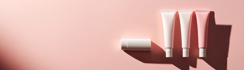 Poster - Minimalist display of cosmetic tubes against a soft pink backdrop