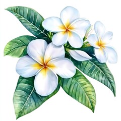 Wall Mural - white plumeria with leaves on isolated white background, watercolor illustration.