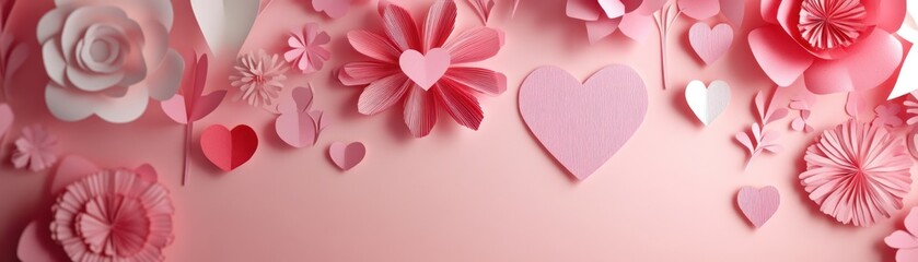 Poster - Elegant display of paper hearts and flowers on pink background