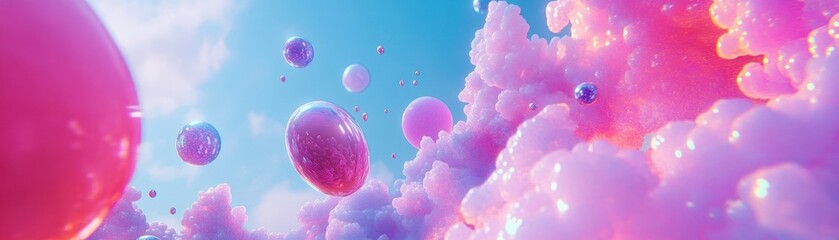 Poster - Pink iridescent bubbles float among pastel clouds