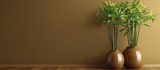 Poster - Two bamboo plants in spherical vases against a brown wall