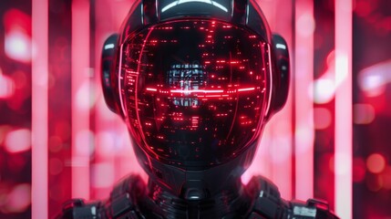 Poster - Futuristic AI figure with a glowing red visor set against a vibrant cyber background