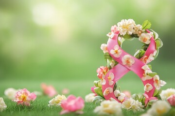 Canvas Print - A beautiful pink ribbon decorated with flowers lying in a green meadow, perfect for decorative or celebratory purposes