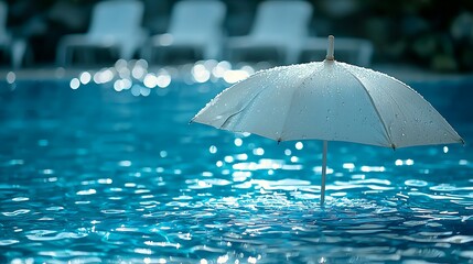 Fototapete - Umbrella floats in blue pool; leisure and relaxation concept. Swimming pool in background. Travel photography