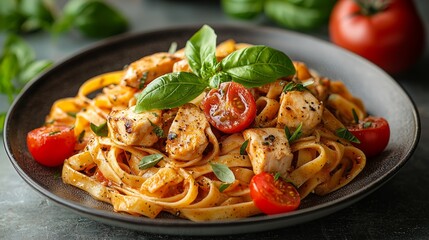 Canvas Print - Delicious pasta with chicken and tomatoes on a dark plate. Possible use Food photography for restaurant menus or food blogs