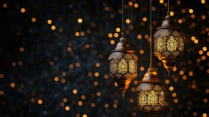 Aufkleber - Illuminated Ornate Lanterns Hanging Against Sparkling Background