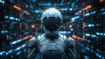 Poster - Dynamic robot figure immersed in vibrant digital landscape showcasing advanced artificial intelligence technology