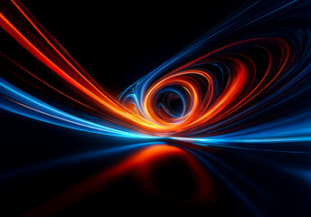 Poster - Shenzhen, China - Unknown Date : Abstract image of swirling light trails in vibrant orange and blue hues against a dark backdrop, creating dynamic movement and energy.