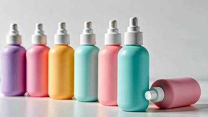Poster - A row of six bottles of different colors. The bottles are lined up next to each other. The colors are pink, yellow, green, purple, blue, and orange