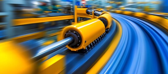 Poster - High-speed industrial machinery on a curved conveyor belt, blurred motion.