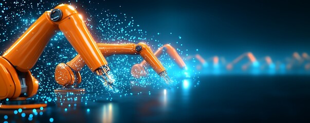 Poster - Robotic arms working in a synchronized futuristic automated industrial setting