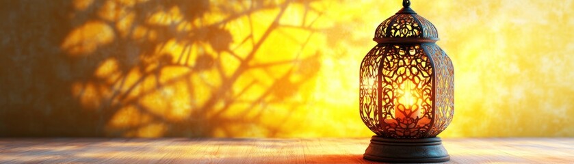 Poster - Illuminated Ornate Lantern Sitting On Wooden Table