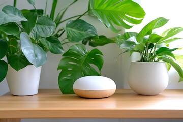 Poster - Indoor plants and a diffuser sit atop a wooden table