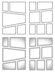 Manga storyboard template for comic creation. A4 size, print-ready. Blank collage grids with halftone effects, and retro pop art style. Ideal for posters, flyers, and photo collages. Vector set