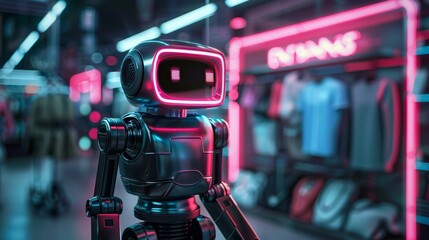 Poster - Futuristic robot assistant in a neon-lit store environment showcasing advanced AI technology