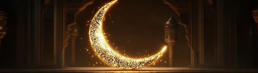 Poster - Illuminated Crescent Moon in Ornate Islamic Architecture