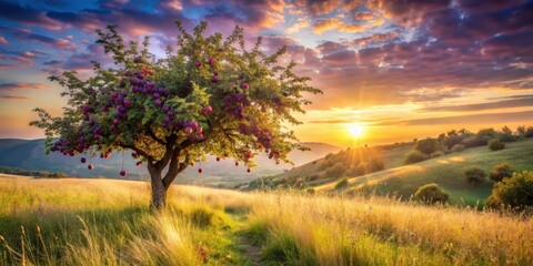 Wall Mural - Golden Hour Serenity A Fruit Tree in a Rolling Meadow at Sunset