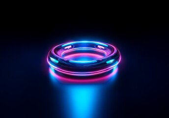 Aufkleber - Shenzhen, China - Unknown Date : A luminous circular object emits radiant neon blue and pink light against a dark backdrop. Futuristic abstract design element.